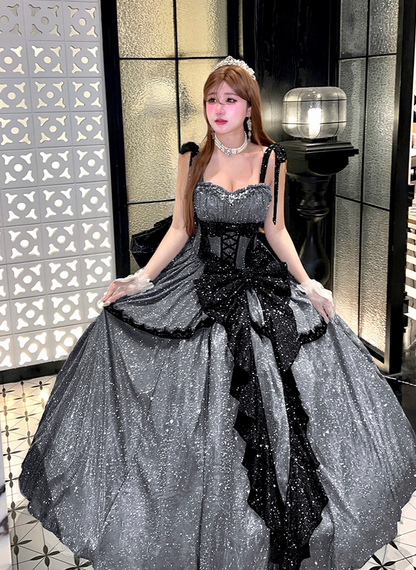 Stunning Black Bow A Line Sequin Lolita Goth Boning Dress Prom Dress DP4506