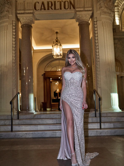 Shiny A Line Sweetheart Neck Beaded Sequin Long Prom Dress Party Dress with Slit DP4749