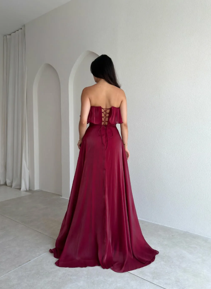 Ethereal A Line Strapless Ruffle Burgundy Chiffon Long Prom Dress Evening Dress DP6922