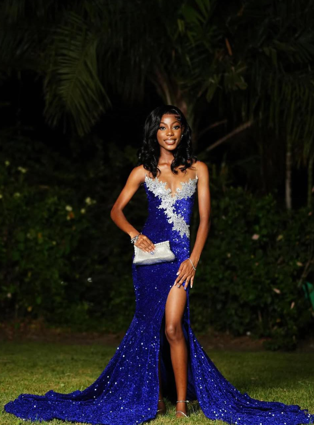 Royal Blue Mermaid Strapless Beaded Sequin Velvet Long Prom Dress with Slit DP5058