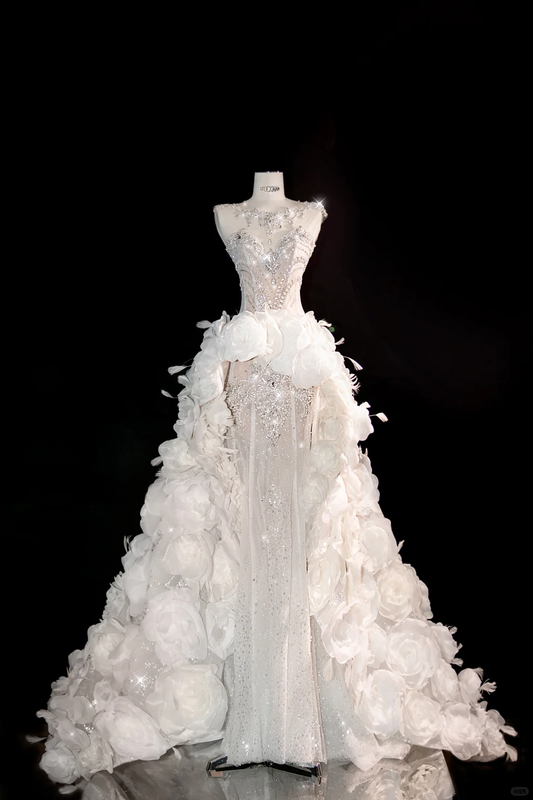 Exquisite White 3D Floral Beaded Feather Tulle Prom Dress Evening Dress Party Dress DP2965