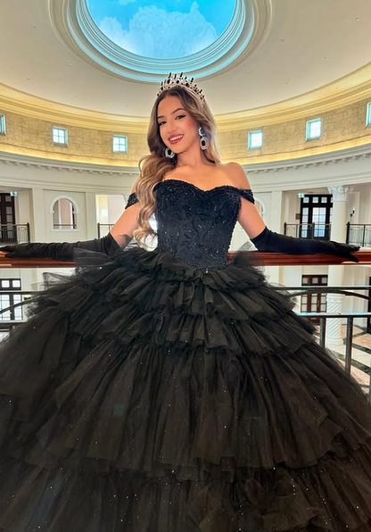 Black Ball Gown Off the Shoulder Beaded Layered Tulle Prom Dress Quinceanera Dress DP4834