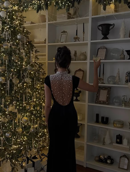 Stunning Mermaid High Neck Pearl Black Velvet Long Prom Dresses Formal Gown DP3673