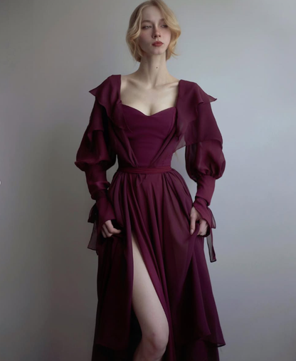 Flowy Carnation Pink A Line Long Sleeve Prom Dress Evening Dress Formal Dress DP3154