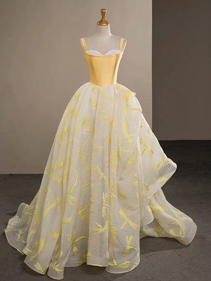 Unique Yellow Sweetheart Neck Tulle Satin A Line Evening Dress Ball Gown DP634