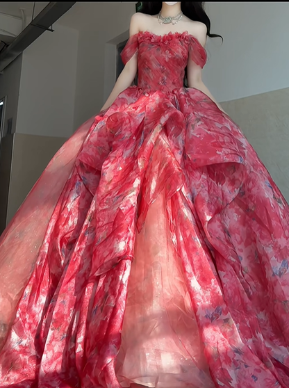 Red A Line Off the Shoulder Print Floral Chiffon Tulle Prom Dress Graduation Ball Gown DP4567