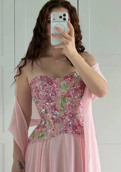 Pink A Line Strapless Exquisite Embroidery Chiffon Long Prom Dress Evening Dress DP6925