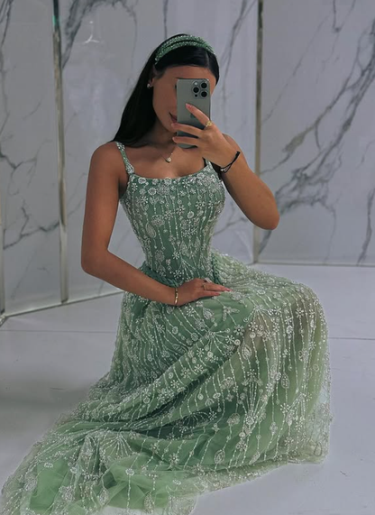 Glamour Green A Line Straps Shiny Beaded Tulle Long Prom Dress Evening Dress DP6060