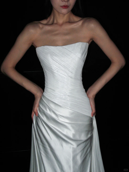 Beautiful Sheath Strapless Pleated Tulle Satin Long Wedding Dress DP8109
