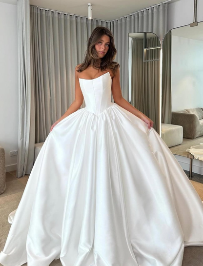 White Simple Classic A Line Strapless Satin Long Wedding Dress DP4903