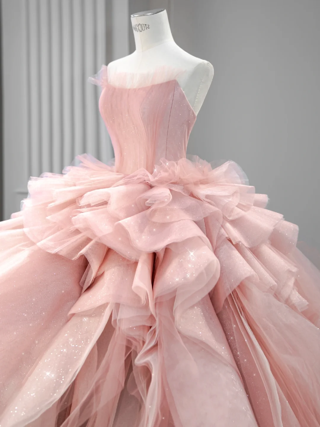 Elegant A Line Strapless Tiered Pink Tulle Long Prom Dress Evening Dress DP1957