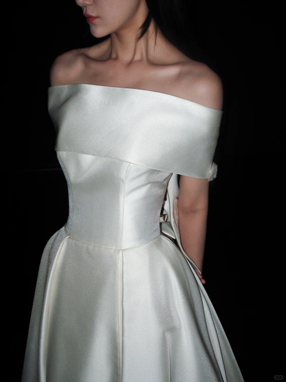 Vintage A Line Off the Shoulder White Simple Satin Long Wedding Dress DP8124
