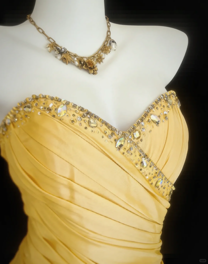 Yellow Mermaid Sweetheart Neck Beaded Satin Long Prom Dress DP4714