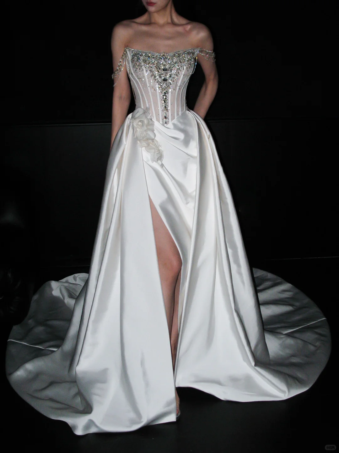 Shiny A Line Straps Rhinestone White Satin Long Wedding Dress with Slit DP8084