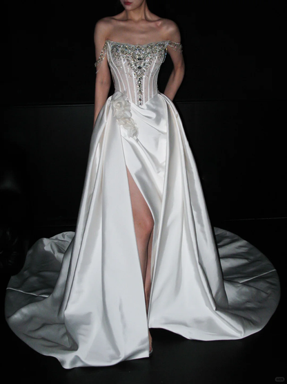Shiny A Line Straps Rhinestone White Satin Long Wedding Dress with Slit DP8084