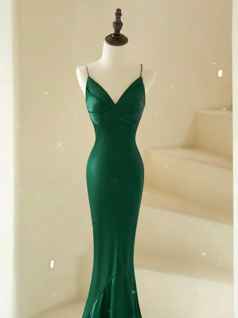 Mermaid V Neck Satin Green Backless Long Prom Dress DP374