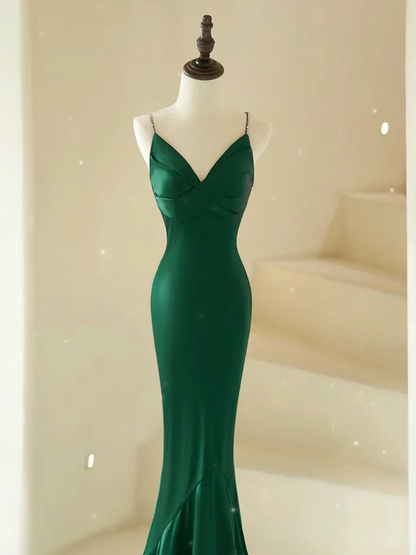Mermaid V Neck Satin Green Backless Long Prom Dress DP374