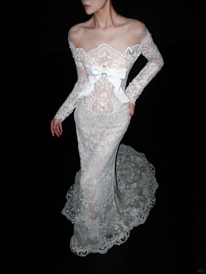 Unique Mermaid Long Sleeve White Exquisite Lace Long Wedding Dress DP8090