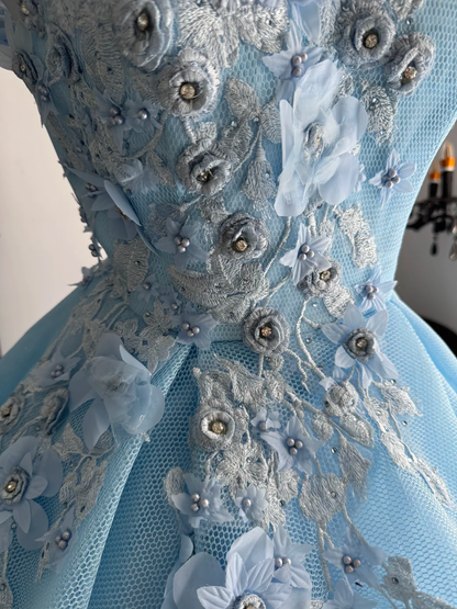 Baby Blue Ball Gown Off the Shoulder Floral Tulle Prom Dress Quinceanera Dress DP6957
