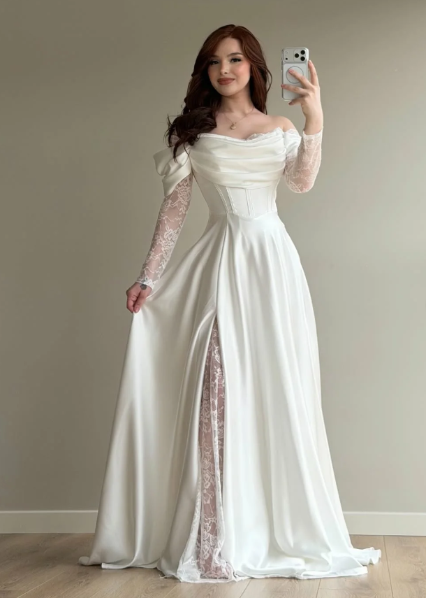 Elegant White A Line Long Sleeve Lace Satin Prom Dress DP5022
