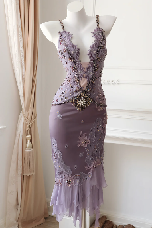Vintage Purple Sheath V Neck Embroidery Satin Short Prom Dress Homecoming Dress DP5440