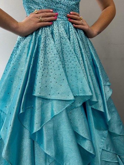 Beautiful A Line V Neck Blue Beaded Layered Satin Long Prom Dress Evening Dress DP6523