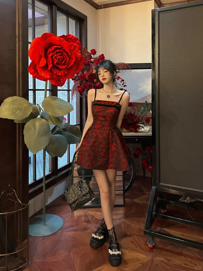 Cute A Line Spaghetti Strap Red Print Floral Satin Short Homecoming Dress Cocktail Dress DP2672
