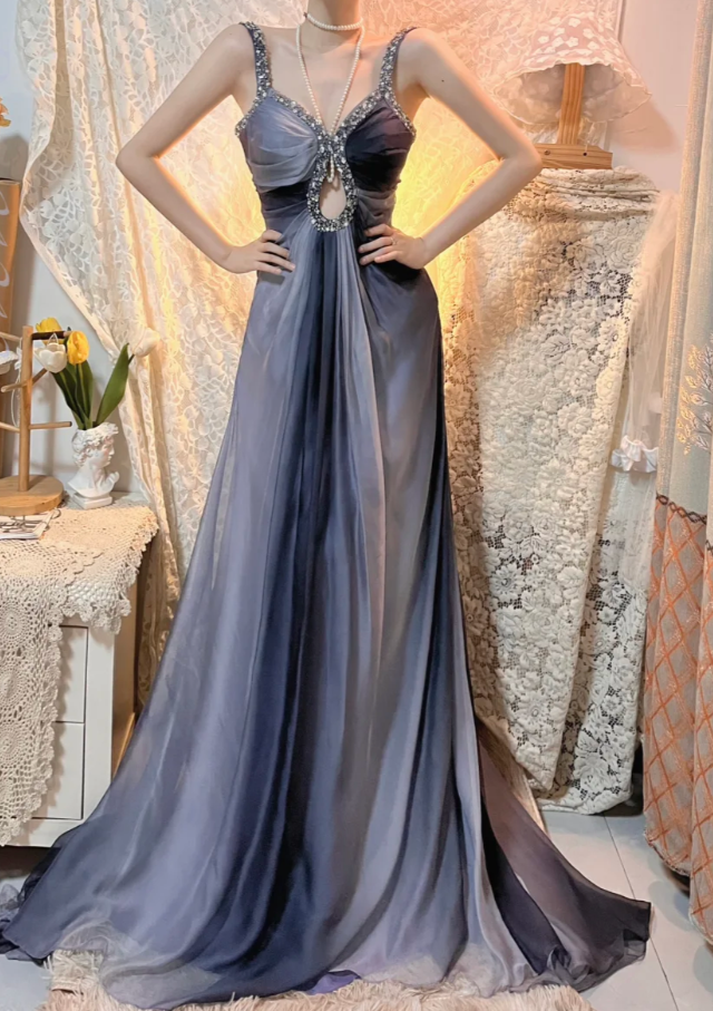 Unique Grey Ombre A Line Spaghetti Strap Beaded Chiffon Long Prom Dress Wedding Guest Dress DP4276