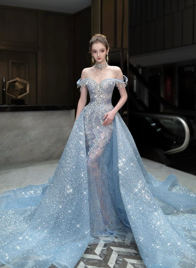 Dreamy Blue Ball Gown Off the Shoulder Exquisite Beaded Sequin Tulle Prom Dress DP4385
