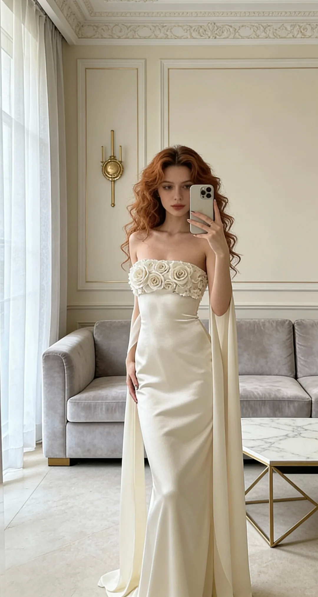Elegant Iovry A Line Floral Satin Long Prom Dress Evening Dress DP5149