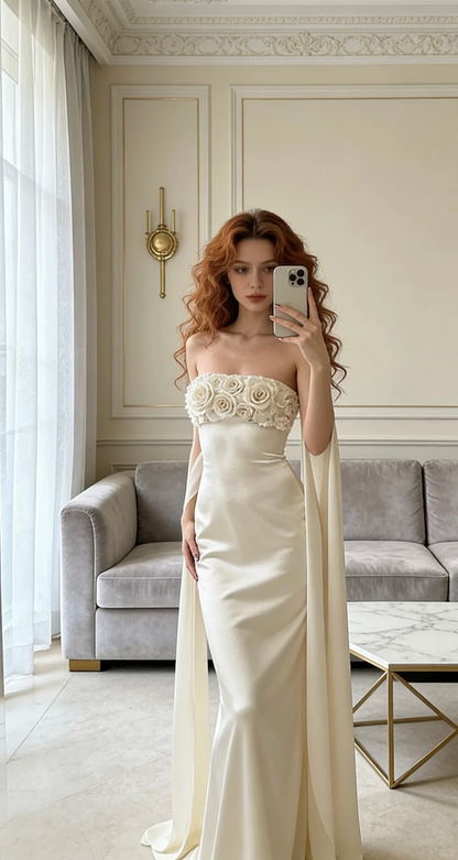 Elegant Iovry A Line Floral Satin Long Prom Dress Evening Dress DP5149