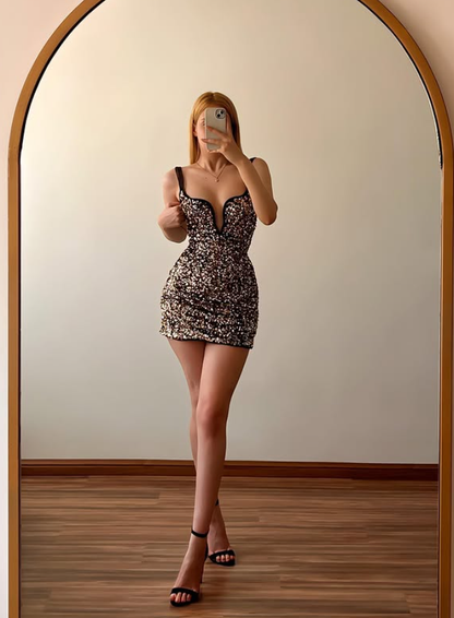 Chic Sheath Spaghetti Strap Sequin Short Homecoming Dress Mini Dress DP6479