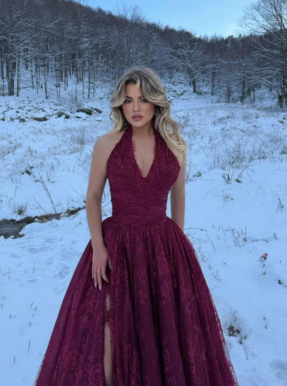 Dark Burgundy A Line V Neck Lace Long Prom Dress Evening Dress DP6791
