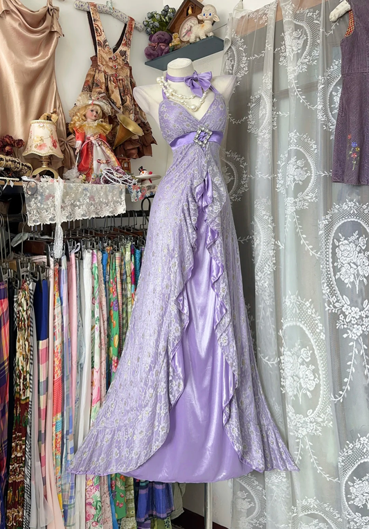 Vintage Lilac A Line Halter Lace Satin Prom Dress Evening Dress DP5241