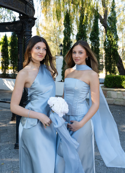 Chambray Blue Elegant A Line One Shoulder Satin Bridesmaid Dress DP4972