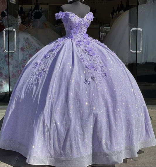 Lilac Princess Off Shoulder Long Formal Prom Dress Flowers Appliques Quinceanera Dress Ball Gown DP700