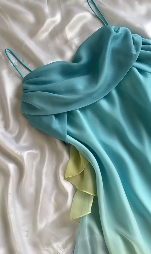 Vintage Blue Green Ombre A Line Straps Chiffon Long Prom Dress DP5083