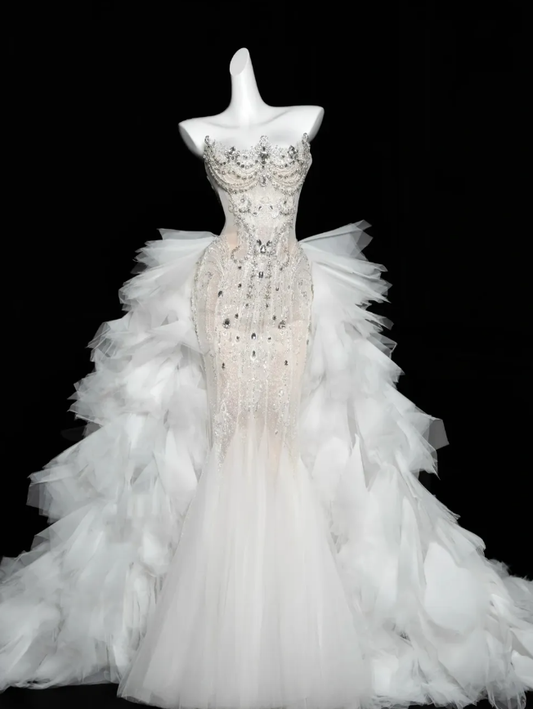 Charming Mermaid Strapless Rhinestone White Tulle Long Prom Dress DP2751