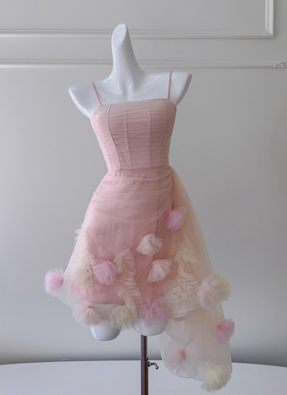 Fairy Pink Spaghetti Straps Tulle Birthday Short Prom Dress Homecoming Dress DP498