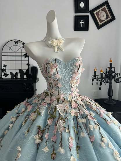 Blue Ball Gown Sweetheart Neck Floral Tulle Prom Dress Quinceanera Dress DP6968