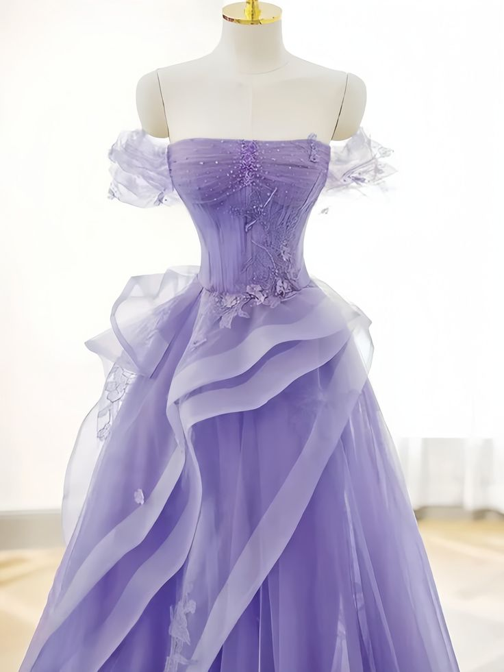 Off Shoulder Tulle Ruffles Purple Appliques Prom Dress  DP277