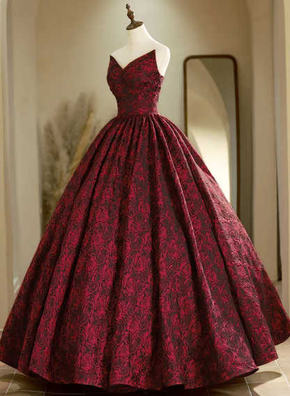 Burgundy Strapless Rose Print Ball Gown Long Formal Prom Dress DP604