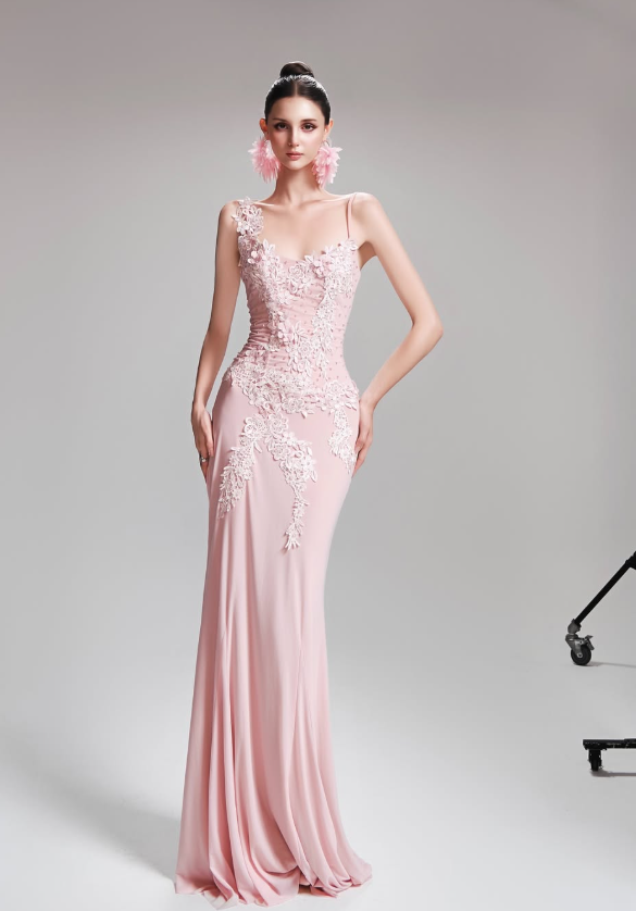 Elegant Pink Sheath Spaghetti Strap Lace Appliques Tulle Prom Dress Evening Dress DP6139