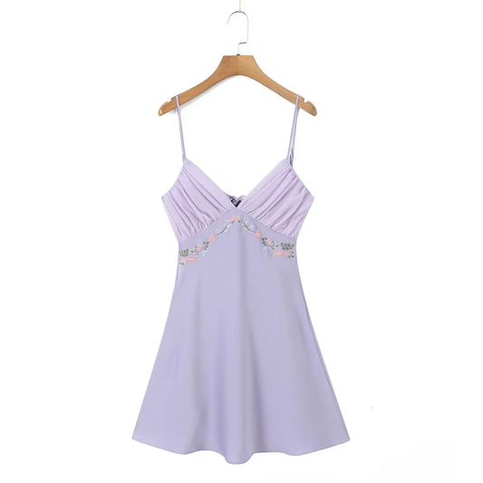 Purple A Line Spaghetti Straps Floral Embroidery Satin Mini Dress Homecoming Dress DP1357