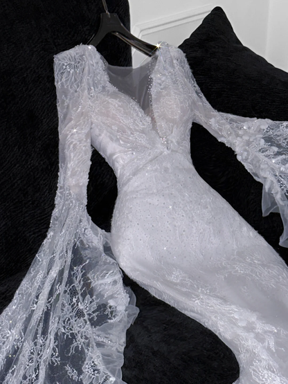 Stunning Mermaid Long Sleeve Beaded Sequin White Lace Wedding Dress Prom Dress DP2564