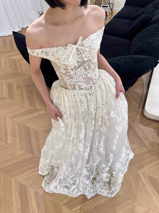 White A Line Off the Shoulder Lace Long Wedding Dress Birthday Dress DP2748