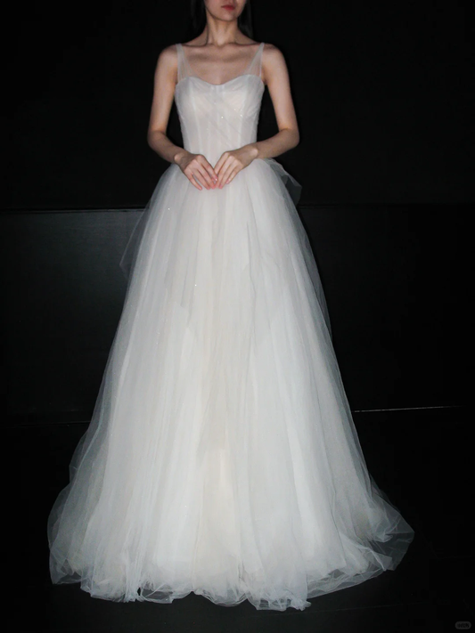 Elegant Ball Gown Spaghetti Strap Flowy Tulle Long Wedding Dress DP6384