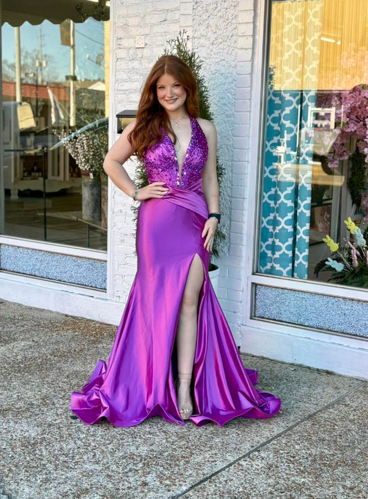Sexy Purple Mermaid Halter Beaded Satin Backless Long Prom Dress Evening Dress DP6284