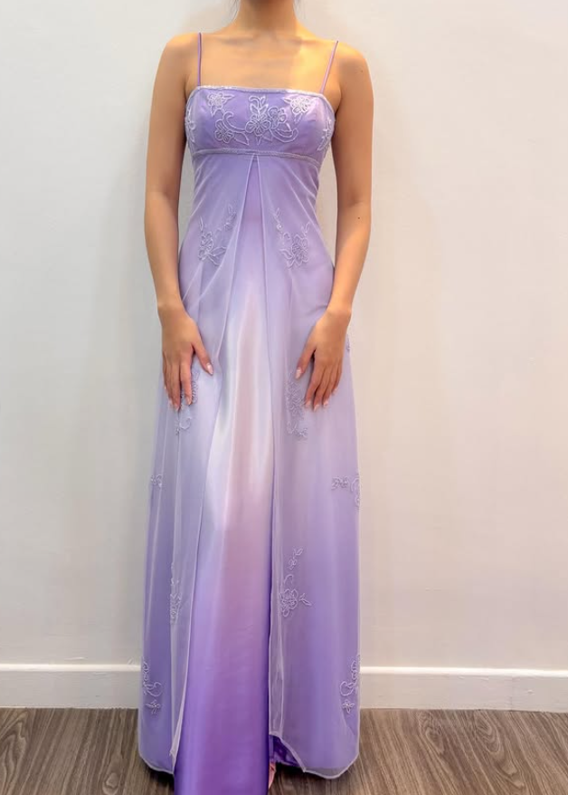 Vintage Lilac Ombre A Line Beaded Tulle Satin Prom Dress Evening Dress Date Dress DP5274