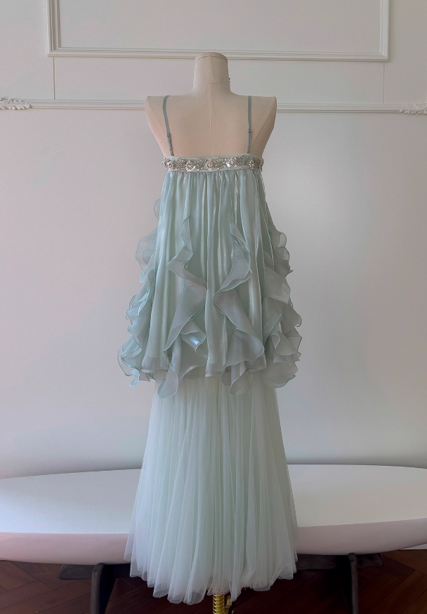 Stunning Green Two Piece A Line Beaded Tulle Chiffon Prom Dress Wedding Guest Dress DP4488